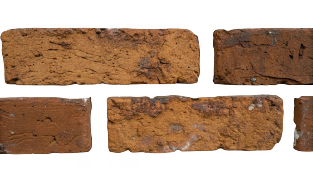 Five old red bricks are forming a small section of a wall, isolated on transparent background, perfect for easy integration into photo editing projects