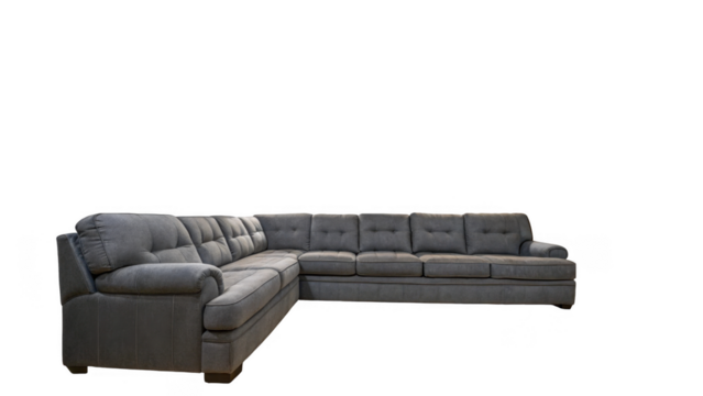 Large gray sectional sofa with plush cushions and modern design, ideal for spacious living rooms. The transparent background highlights its elegant and comfortable style