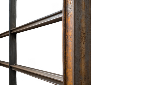 Close up of a rusty metal i beam structure, showcasing its weathered texture and industrial aesthetic against a transparent background, ideal for architectural visualizations or design projects