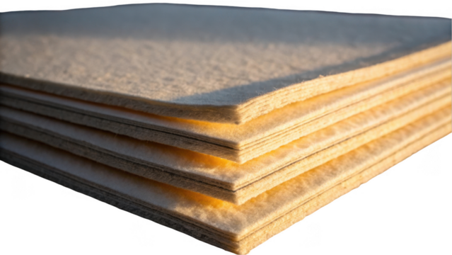 Filtering material stacked with light illuminating edges on a transparent background, showcasing texture and layering for industrial or construction applications