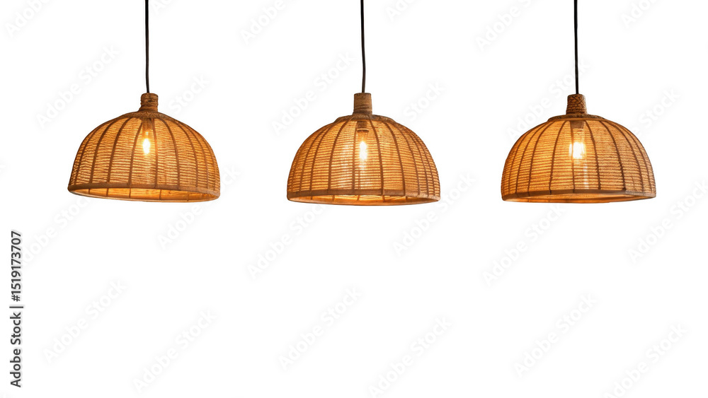 Poster Three hanging wicker lamps are illuminating with a warm light, creating a cozy and inviting atmosphere, perfect for interior design projects on a transparent background