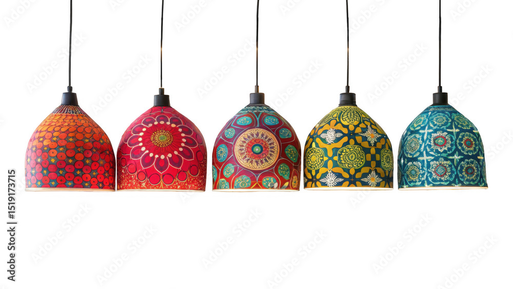 Poster five colorful hanging lamps with different floral and geometric patterns are suspended against a tra
