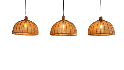 Three hanging wicker lamps are illuminating with a warm light, creating a cozy and inviting atmosphere, perfect for interior design projects on a transparent background