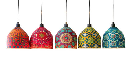 Five colorful hanging lamps with different floral and geometric patterns are suspended against a transparent background, creating a vibrant and decorative lighting arrangement