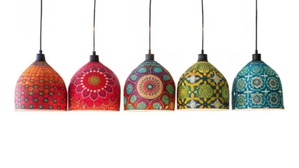 Five colorful hanging lamps with different floral and geometric patterns are suspended against a transparent background, creating a vibrant and decorative lighting arrangement