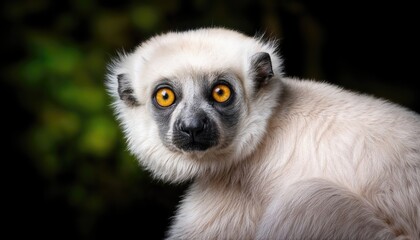 Obraz premium Albino White Sifaka Frolicking in Madagascars Tropical Rainforest, Majestically Displaying Its Unique Albinism Against a Backdrop of Lush Greenery and Sunlight Filtered Through Canopy, Emitting