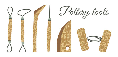 Pottery tools, vector set. Double ended instrument with a metal loop, rib tool, clay cutting wire with wooden toggles. Equipment for homemade sculpture, ceramic, clay modeling. Hobby devices, flat art