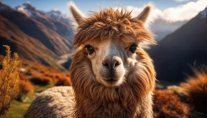Obraz premium Alpaca Grazing Amongst the Majestic Andes Mountains at Dawn, with a Backdrop of Vibrant, Stark Landscapes and Eerily Beautiful Atmosphere.