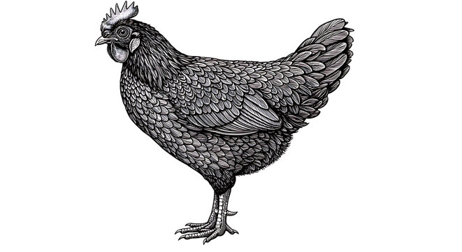 Hand-drawn sketch of a chicken in side view with realistic textures and fine details, isolated on a white background for scientific or artistic use
