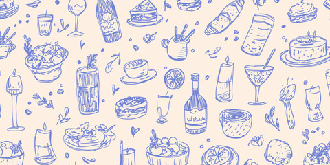 Elegant Hand-Drawn Food and Drink Seamless Pattern A Delightful Culinary Illustration