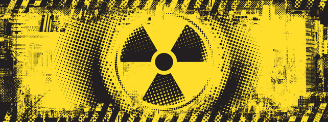 Vector banner on the theme of nuclear war, nuclear power plant disaster with a radiation hazard sign and urbanism on a background of cityscape. Poster, flyer, t-shirt design. No AI used