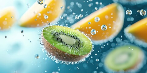 Summer fruit Fresh concept. Fresh kiwi and lemon slices submerged in sparkling water bubbles.