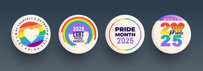 Set of Badges lgbt pride 2025 logo. Badge logo with lgbt rainbow flag heart. 2025 creative vector element for pride month logo. LGBT Design square banner, poster, social media, post.