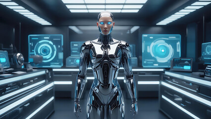 Futuristic humanoid AI robot with metallic skin and glowing blue eyes