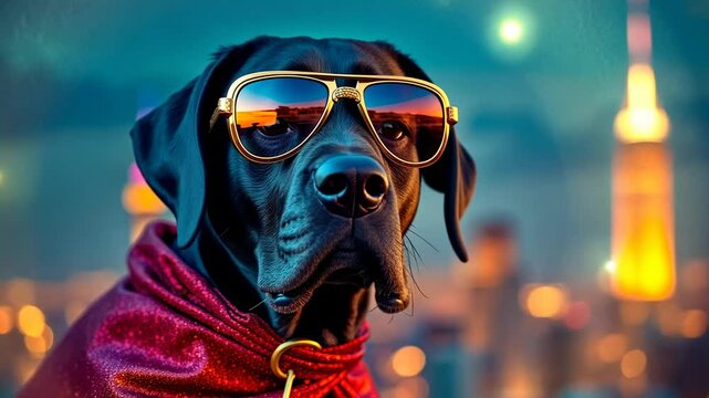 Sunglasses Dog, Cool Canine, Fashionable Pet. Urban Style. Stylish pup dons trendy shades. Canine fashion trending widely. Dogs showcase personal style.