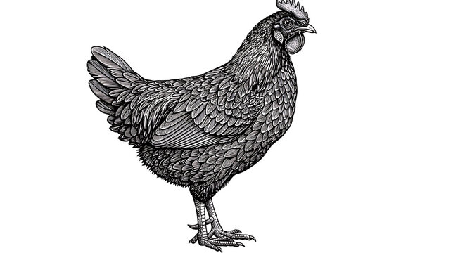 Vintage-style monochrome drawing of a chicken with intricate feather detailing, prominent comb and wattle, and sharp claws depicted in lifelike engraving style