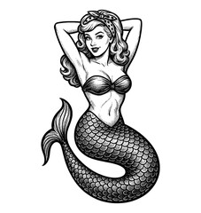 Attractive Smiling Pinup Woman Mermaid in Bikini Top and Headband with Black and White Vector Style