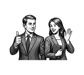 Businessman Giving a Thumbs Up and Businesswoman Waving Hand, Smiling in Detailed Line Art