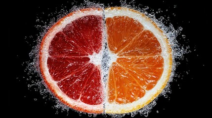 Summer fruit Fresh concept. Sliced citrus fruit bursting with water droplets against a dark background.