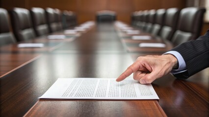 A business executive points at a document on a conference table, highlighting important information in a professional setting.