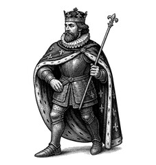 Obraz premium Monarch Standing in Full Armor Holding a Staff in Detailed Engraving Style Illustration