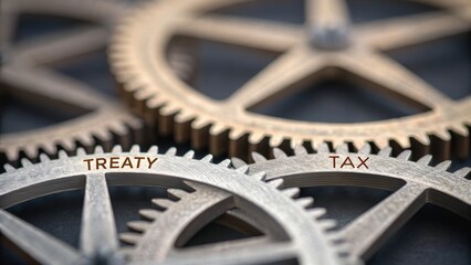 Close-up of interlocking gears with "TREATY" and "TAX" labels, emphasizing themes of industry and mechanics.