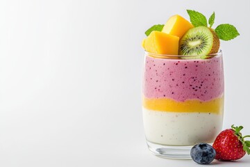 Summer fruit Fresh concept. Colorful layered smoothie in a glass topped with fresh fruits and mint leaves.
