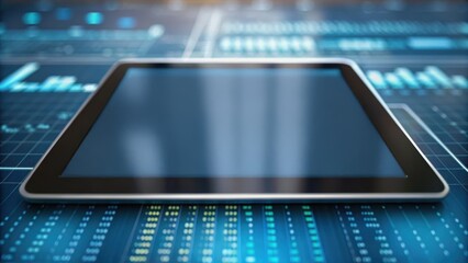 A sleek tablet sits on a digital interface with glowing elements, symbolizing technology and innovation.