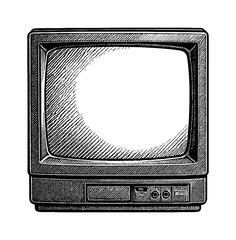 Illustration of vintage television set in engraved style detailed black and white line art drawing