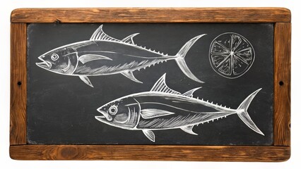 Double Tuna Fish Chalk Illustration on Blackboard &ndash; Seafood Restaurant Decor Style  
