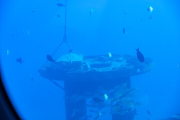 Artificial reef tower rises from the ocean floor as fish swim nearby under soft filtered light, Oahu, Hawaii, December 1, 2019