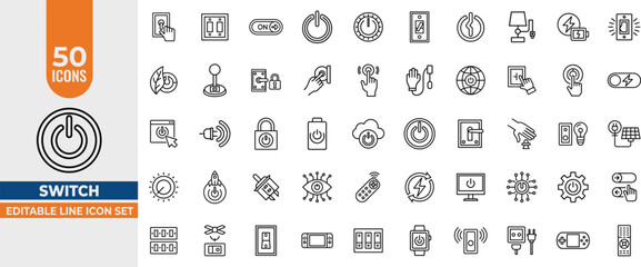 50 Clean Line Icons of Power, Switch, On Off, Push, Press & Control Elements – Editable Stroke Vector Pack