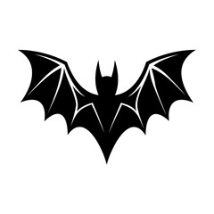 Silhouette of a black bat spreading its wings against a clean white background