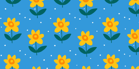 Vintage Seamless Pattern Daffodil Floral Design on Blue Background