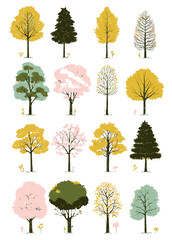 Collection of Stylized Trees Summer and Autumn Foliage Illustrations