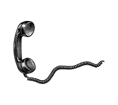Vintage Engraved Telephone Handset with Cord Isolated on White Background
