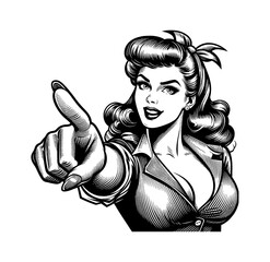 Pinup Woman Pointing Finger with Smiling Face in Vintage Engrave Illustration Style