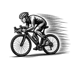 Fototapeta premium Man cycling with concentration in vintage detailed black and white outline line art drawing