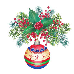 Watercolor New Year illustration. New Year ball, fir tree branches, red berries.