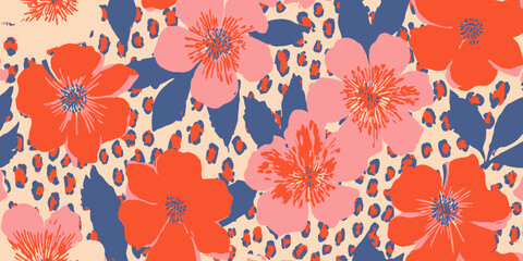 Hand-Drawn Exotic Floral Print Vibrant Red and Pink Flowers on Leopard Spots Background