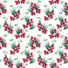 Seamless pattern of leaves and red berries. Watercolor illustration.