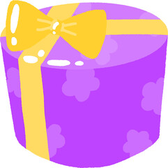 Purple Cylindrical Gift Box with Yellow Ribbon and Floral Pattern – Cute Sticker