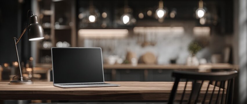 Stylish home office interior with a wooden desk, laptop, and lamp on it in a dark room with a blurred kitchen background.