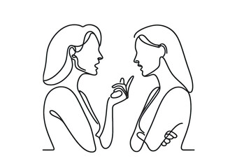  a woman talking aggressively and arguing with each other, simple continuous one line drawing . Transparent background png file