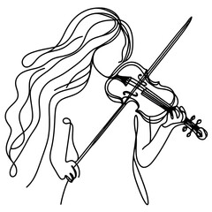 vector illustration of a girl and violin , simple continuous one line drawing . Transparent background png file