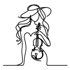vector illustration of a girl and violin , simple continuous one line drawing . Transparent background png file
