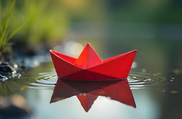 Red paper boat close up on water with blurred natural green background 
