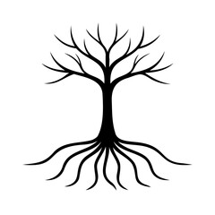 Silhouette of a bare tree with extensive roots illustrating nature and symbolism