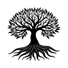 Symbolic black and white vector illustration of a tree with deep roots and lush branches