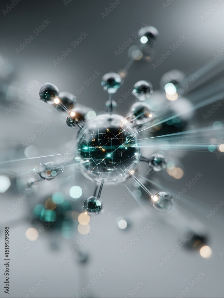 Poster abstract scientific design shows a complex atom structure with several smaller spheres connected wit